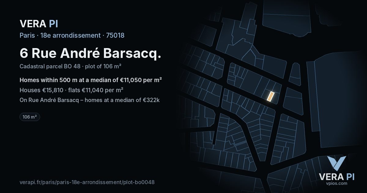 6 Rue André Barsacq, 18e arrondissement at night – the plot lit, the parcels around coloured by the prices near them