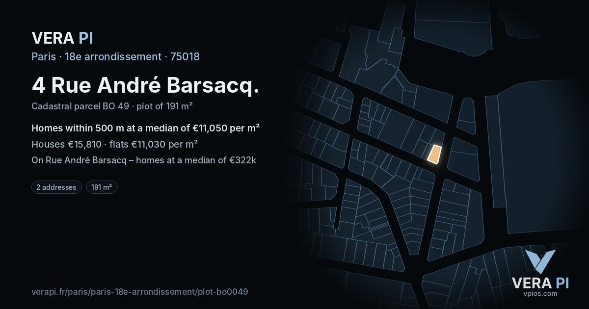 4 Rue André Barsacq, 18e arrondissement at night – the plot lit, the parcels around coloured by the prices near them