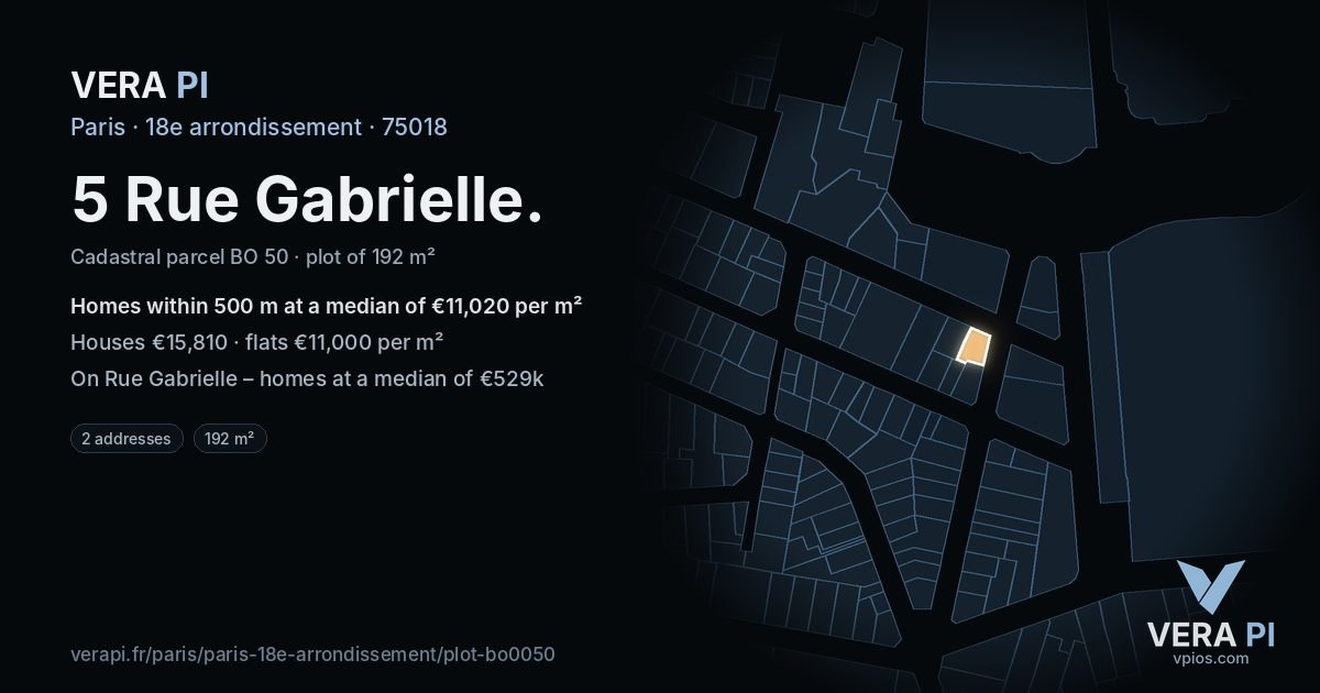5 Rue Gabrielle, 18e arrondissement at night – the plot lit, the parcels around coloured by the prices near them