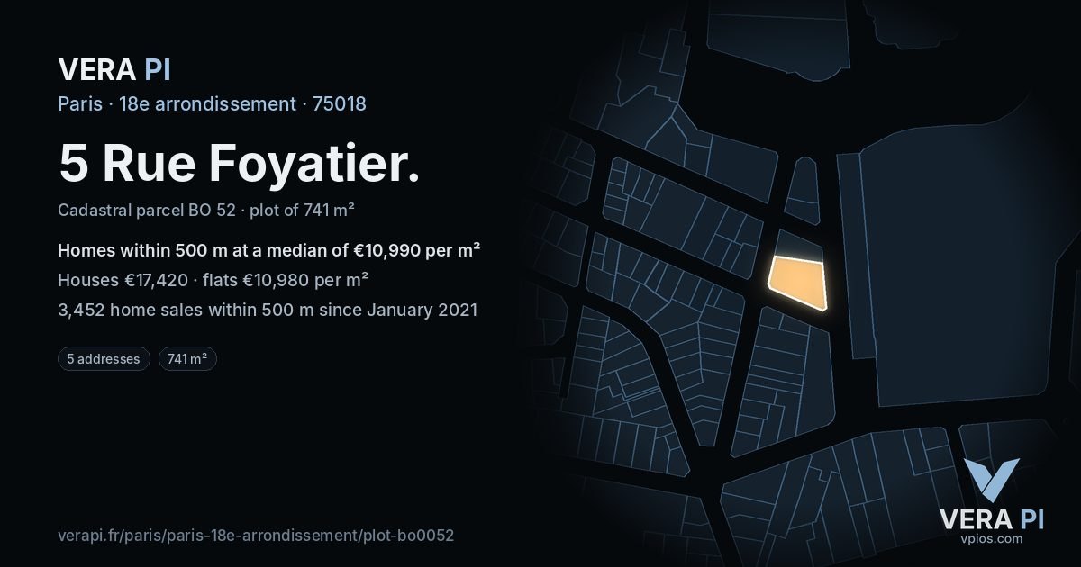 5 Rue Foyatier, 18e arrondissement at night – the plot lit, the parcels around coloured by the prices near them