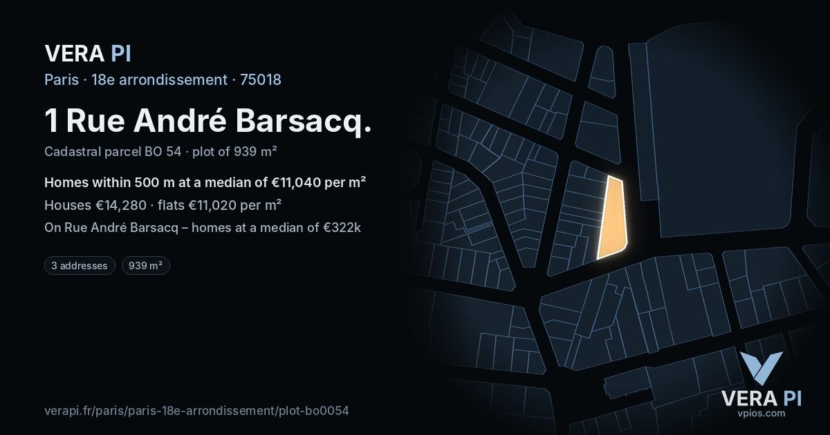 1 Rue André Barsacq, 18e arrondissement at night – the plot lit, the parcels around coloured by the prices near them