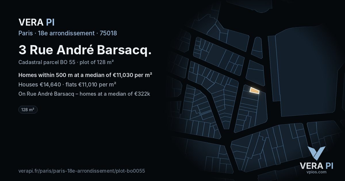 3 Rue André Barsacq, 18e arrondissement at night – the plot lit, the parcels around coloured by the prices near them
