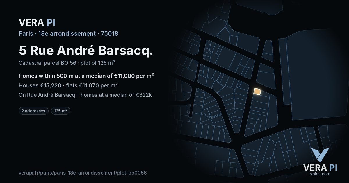 5 Rue André Barsacq, 18e arrondissement at night – the plot lit, the parcels around coloured by the prices near them