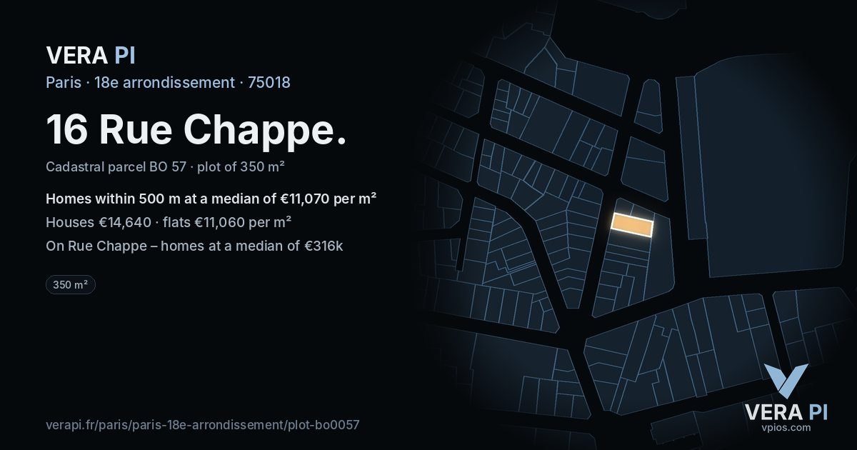 16 Rue Chappe, 18e arrondissement at night – the plot lit, the parcels around coloured by the prices near them