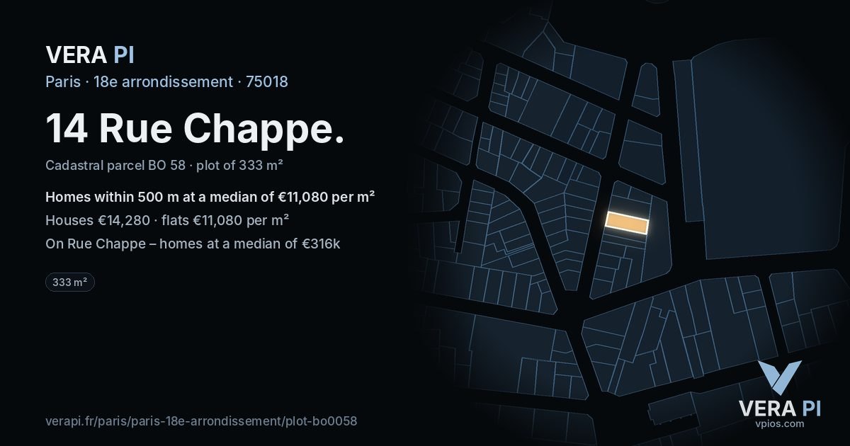 14 Rue Chappe, 18e arrondissement at night – the plot lit, the parcels around coloured by the prices near them