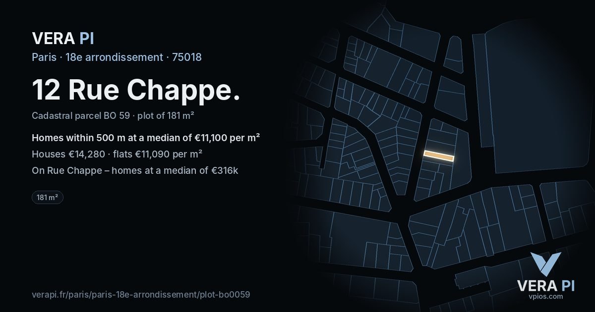 12 Rue Chappe, 18e arrondissement at night – the plot lit, the parcels around coloured by the prices near them