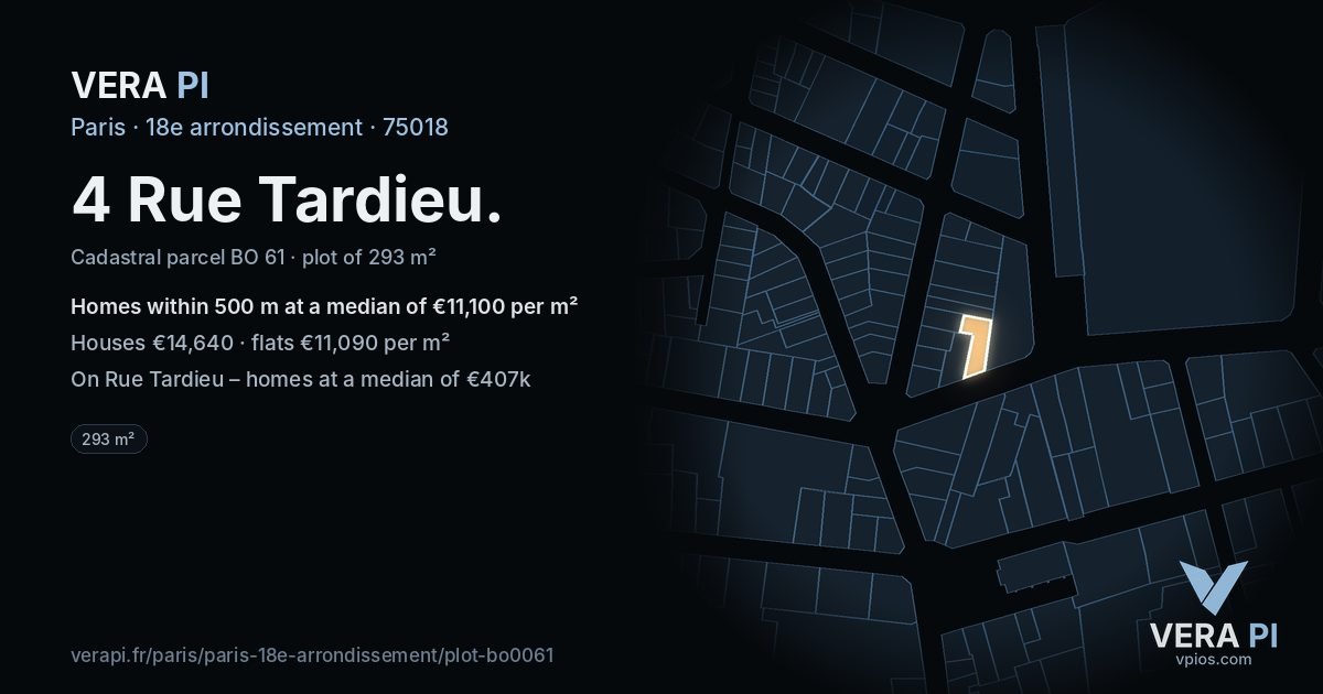 4 Rue Tardieu, 18e arrondissement at night – the plot lit, the parcels around coloured by the prices near them