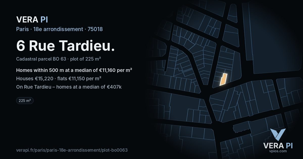 6 Rue Tardieu, 18e arrondissement at night – the plot lit, the parcels around coloured by the prices near them