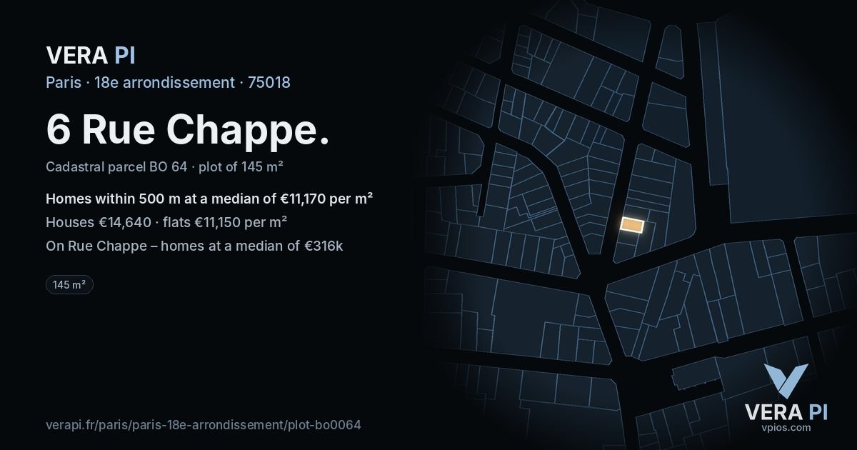 6 Rue Chappe, 18e arrondissement at night – the plot lit, the parcels around coloured by the prices near them