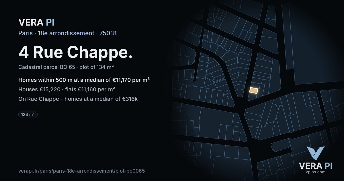 4 Rue Chappe, 18e arrondissement at night – the plot lit, the parcels around coloured by the prices near them