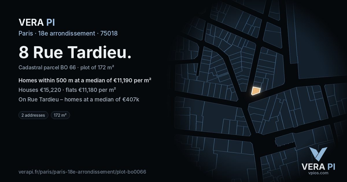 8 Rue Tardieu, 18e arrondissement at night – the plot lit, the parcels around coloured by the prices near them