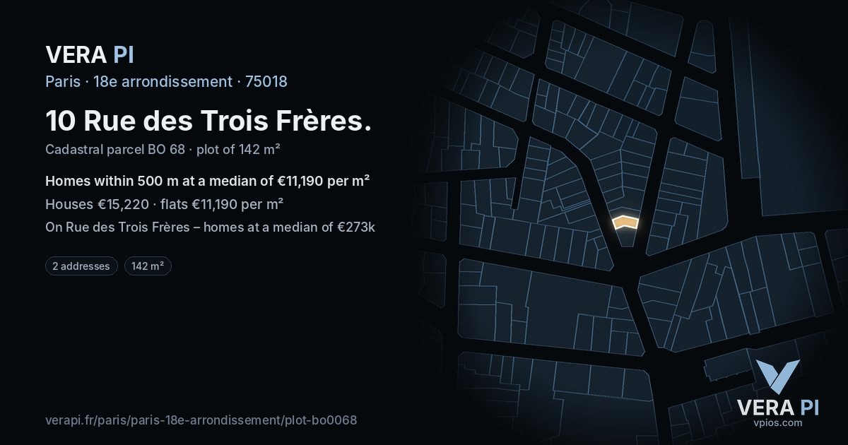 10 Rue des Trois Frères, 18e arrondissement at night – the plot lit, the parcels around coloured by the prices near them