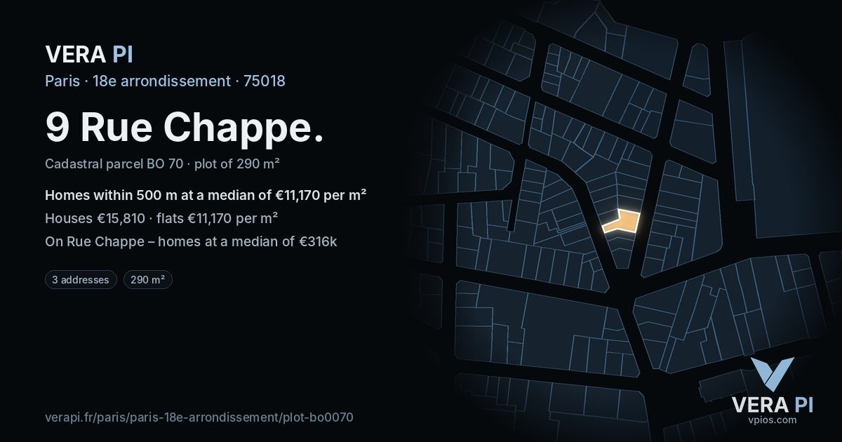 9 Rue Chappe, 18e arrondissement at night – the plot lit, the parcels around coloured by the prices near them
