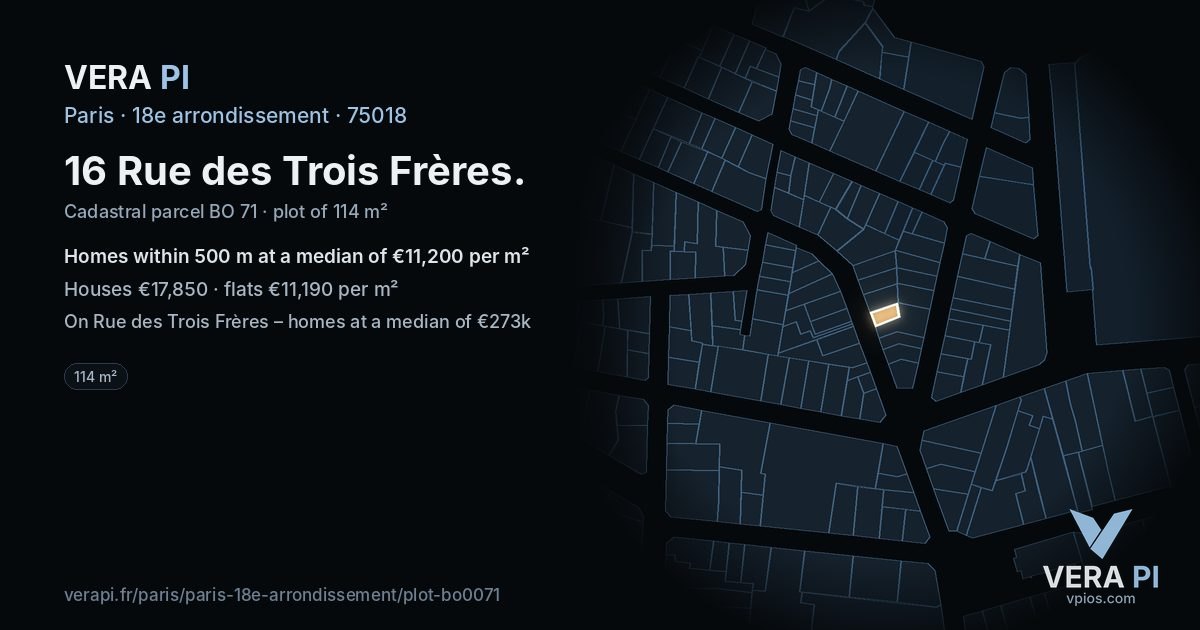 16 Rue des Trois Frères, 18e arrondissement at night – the plot lit, the parcels around coloured by the prices near them