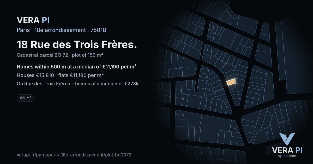 18 Rue des Trois Frères, 18e arrondissement at night – the plot lit, the parcels around coloured by the prices near them