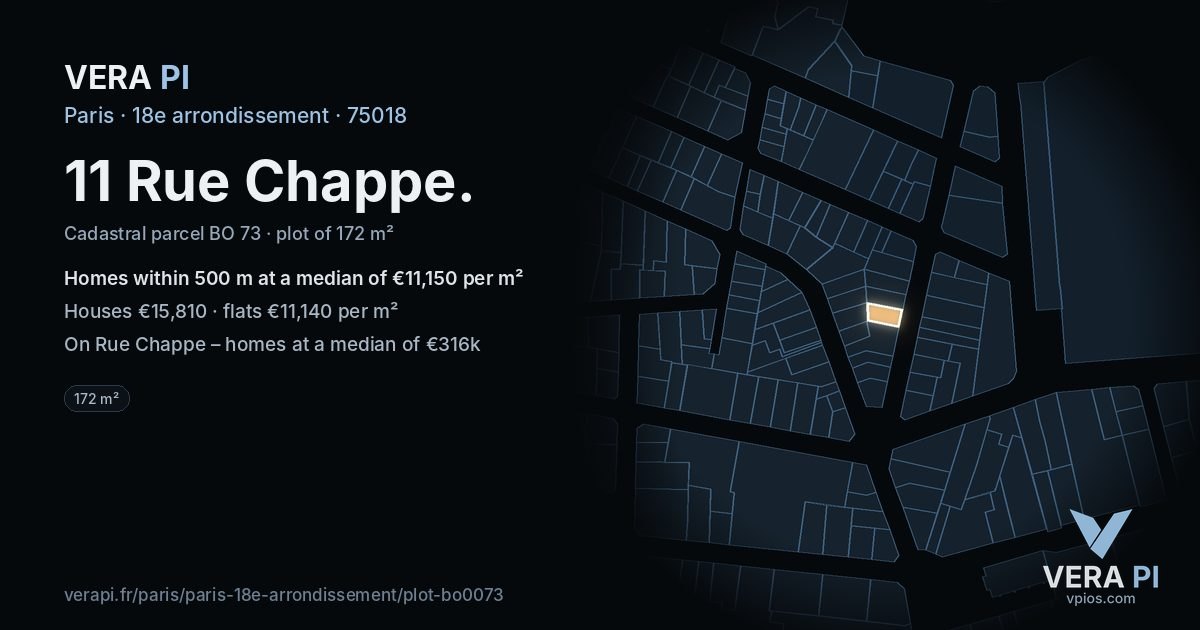 11 Rue Chappe, 18e arrondissement at night – the plot lit, the parcels around coloured by the prices near them