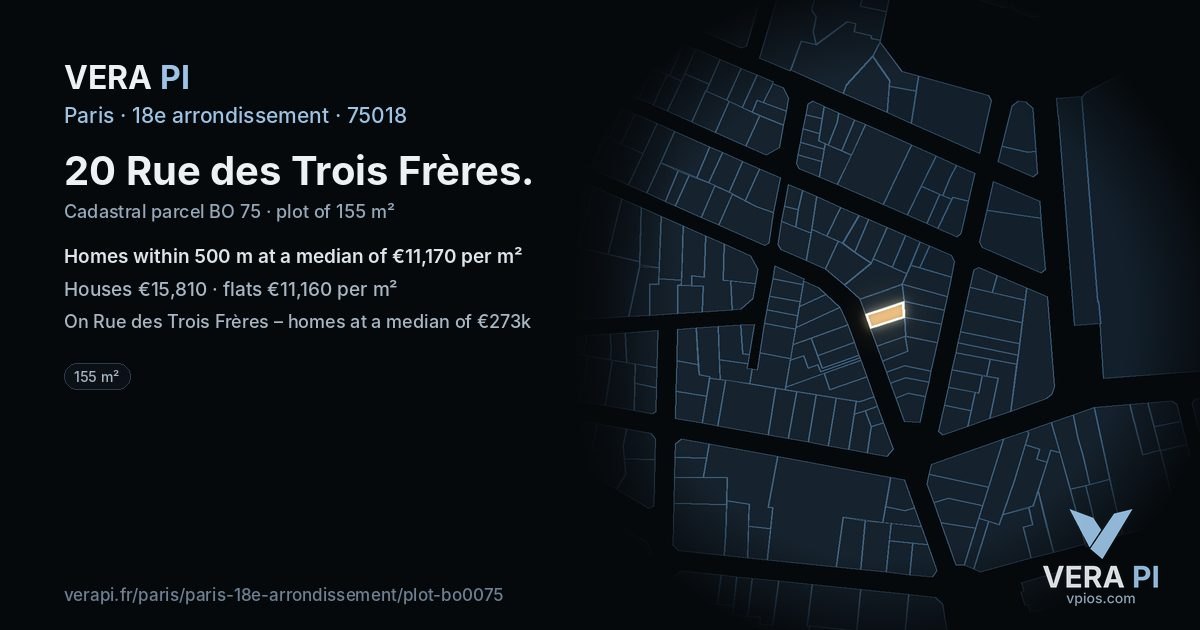 20 Rue des Trois Frères, 18e arrondissement at night – the plot lit, the parcels around coloured by the prices near them