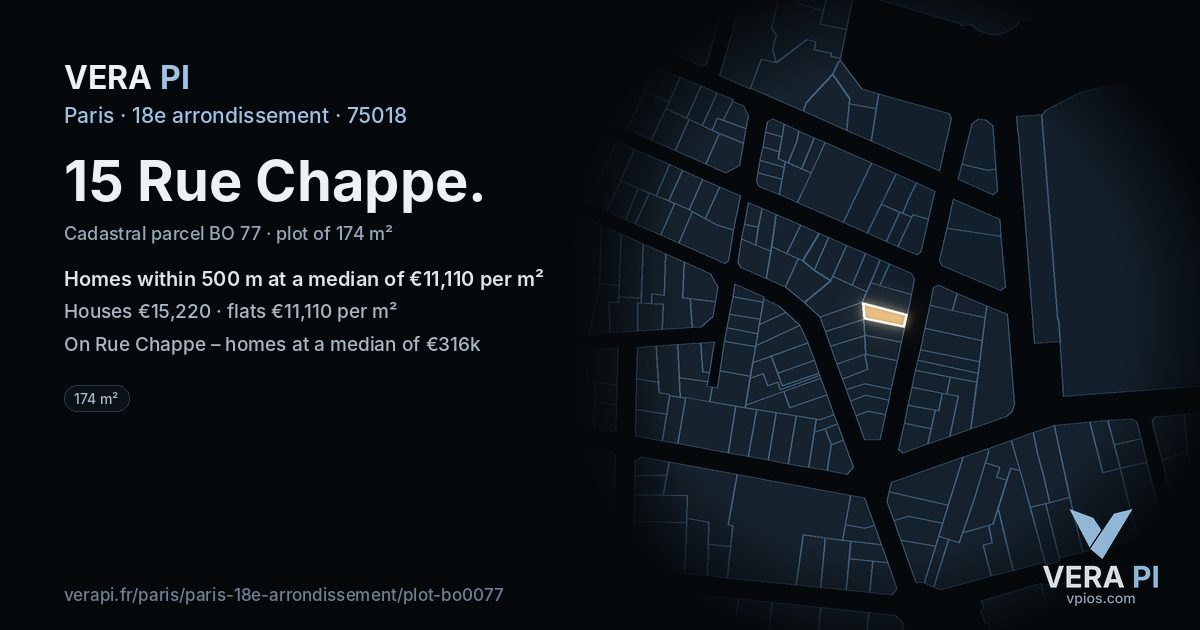 15 Rue Chappe, 18e arrondissement at night – the plot lit, the parcels around coloured by the prices near them