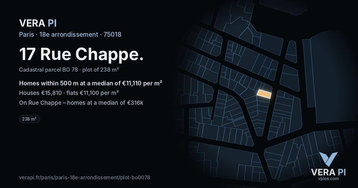17 Rue Chappe, 18e arrondissement at night – the plot lit, the parcels around coloured by the prices near them