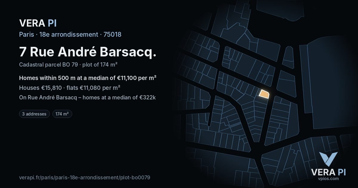 7 Rue André Barsacq, 18e arrondissement at night – the plot lit, the parcels around coloured by the prices near them