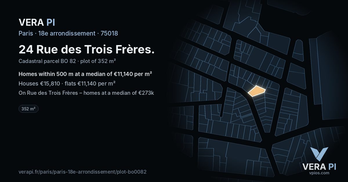 24 Rue des Trois Frères, 18e arrondissement at night – the plot lit, the parcels around coloured by the prices near them