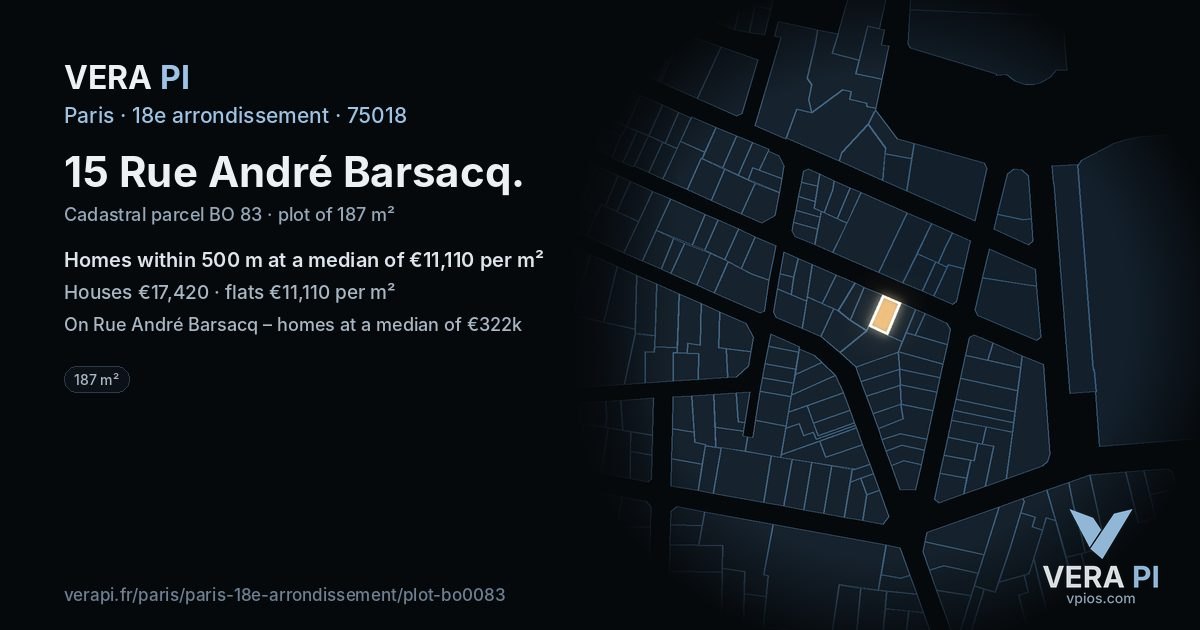 15 Rue André Barsacq, 18e arrondissement at night – the plot lit, the parcels around coloured by the prices near them
