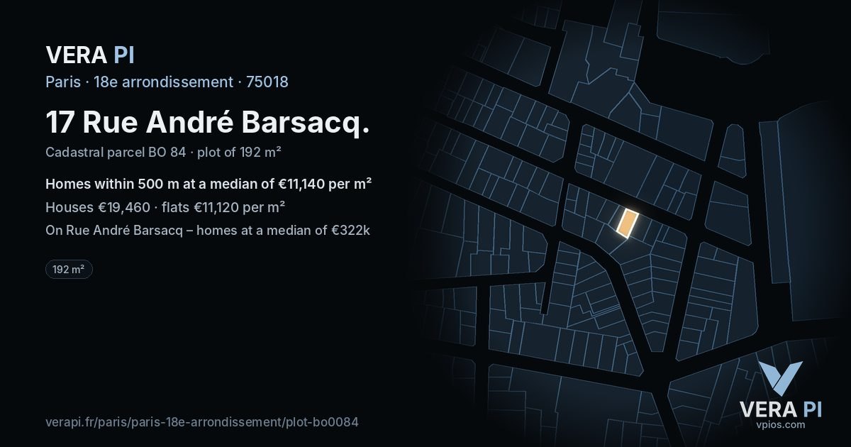 17 Rue André Barsacq, 18e arrondissement at night – the plot lit, the parcels around coloured by the prices near them