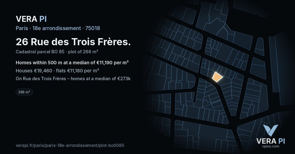 26 Rue des Trois Frères, 18e arrondissement at night – the plot lit, the parcels around coloured by the prices near them