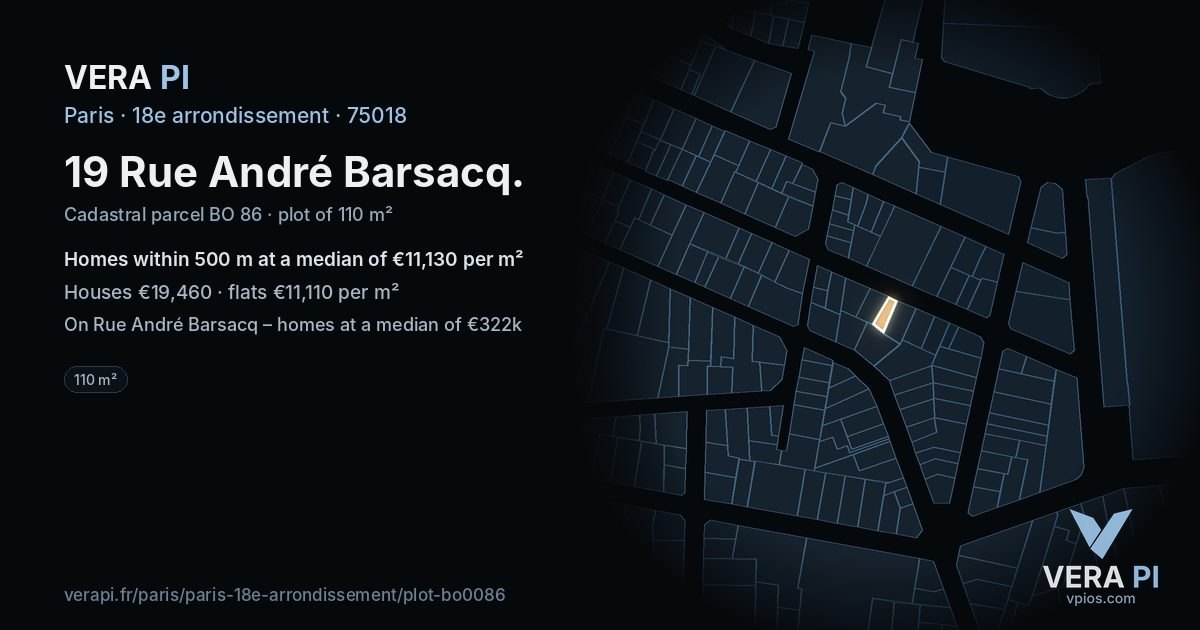 19 Rue André Barsacq, 18e arrondissement at night – the plot lit, the parcels around coloured by the prices near them