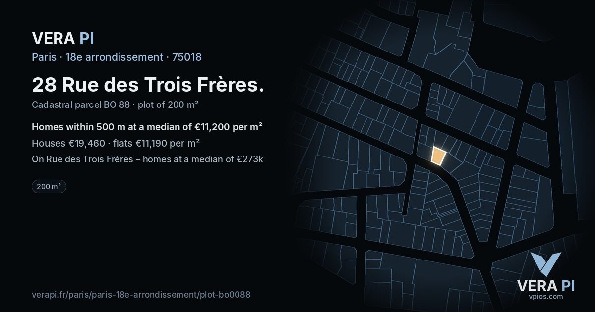 28 Rue des Trois Frères, 18e arrondissement at night – the plot lit, the parcels around coloured by the prices near them