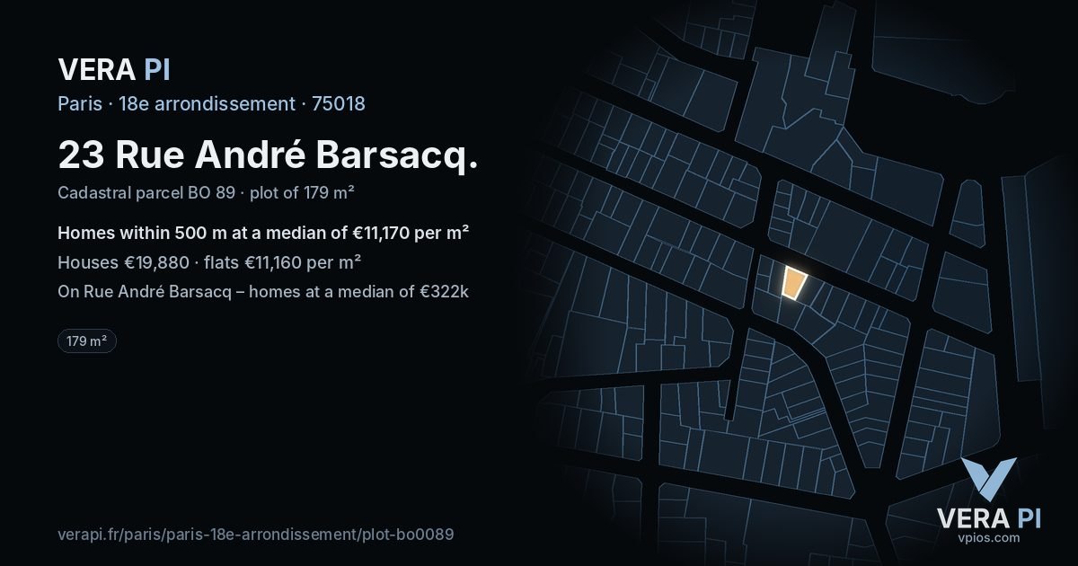 23 Rue André Barsacq, 18e arrondissement at night – the plot lit, the parcels around coloured by the prices near them