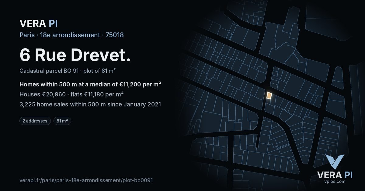 6 Rue Drevet, 18e arrondissement at night – the plot lit, the parcels around coloured by the prices near them