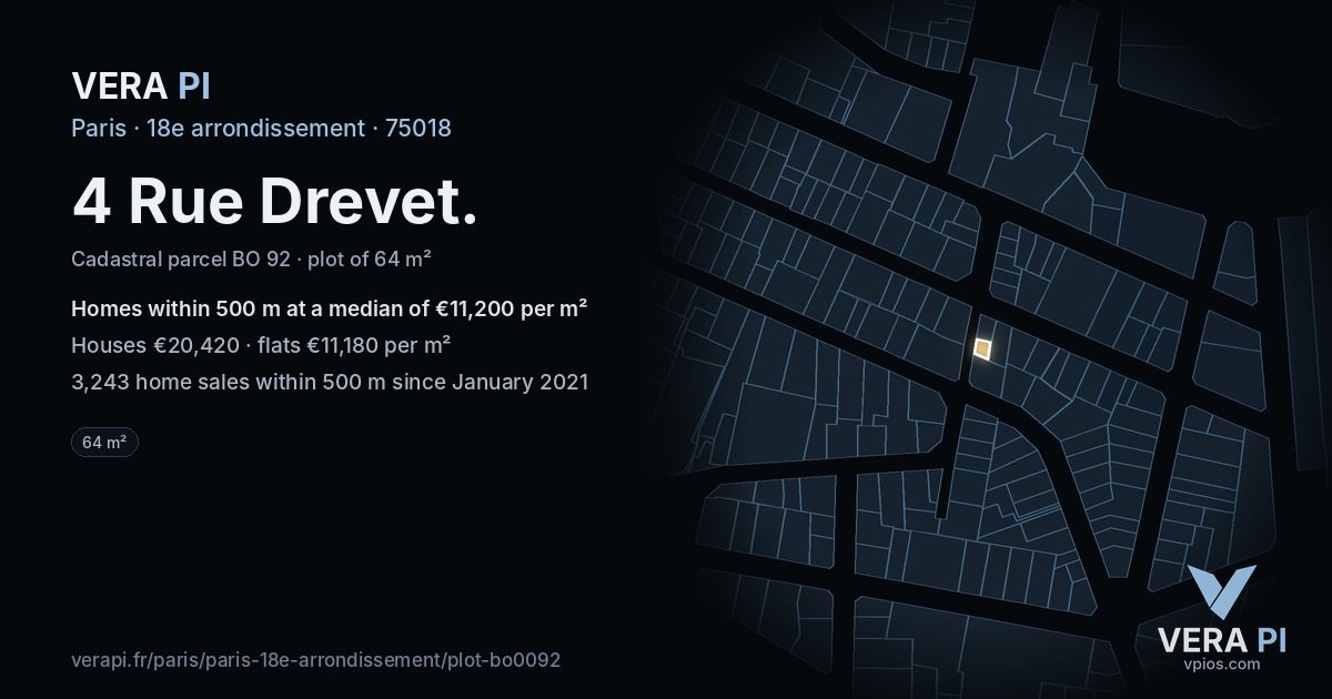 4 Rue Drevet, 18e arrondissement at night – the plot lit, the parcels around coloured by the prices near them