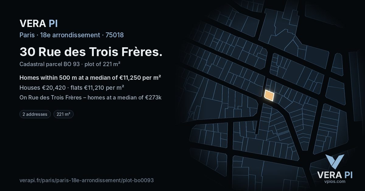 30 Rue des Trois Frères, 18e arrondissement at night – the plot lit, the parcels around coloured by the prices near them