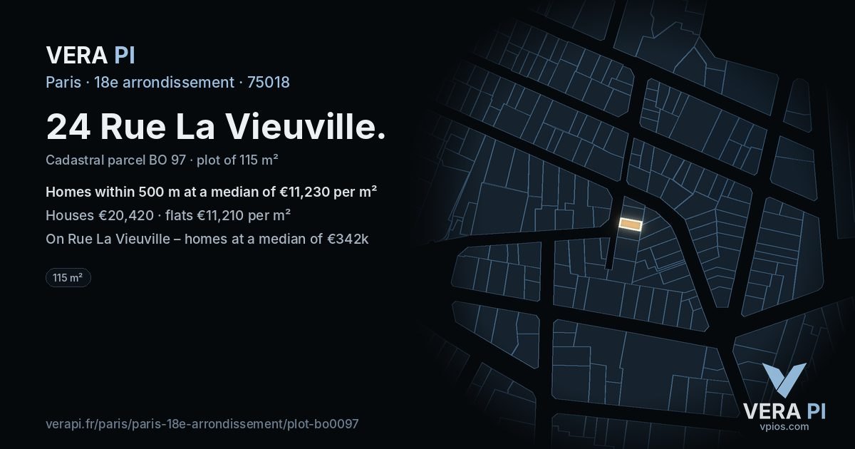 24 Rue La Vieuville, 18e arrondissement at night – the plot lit, the parcels around coloured by the prices near them