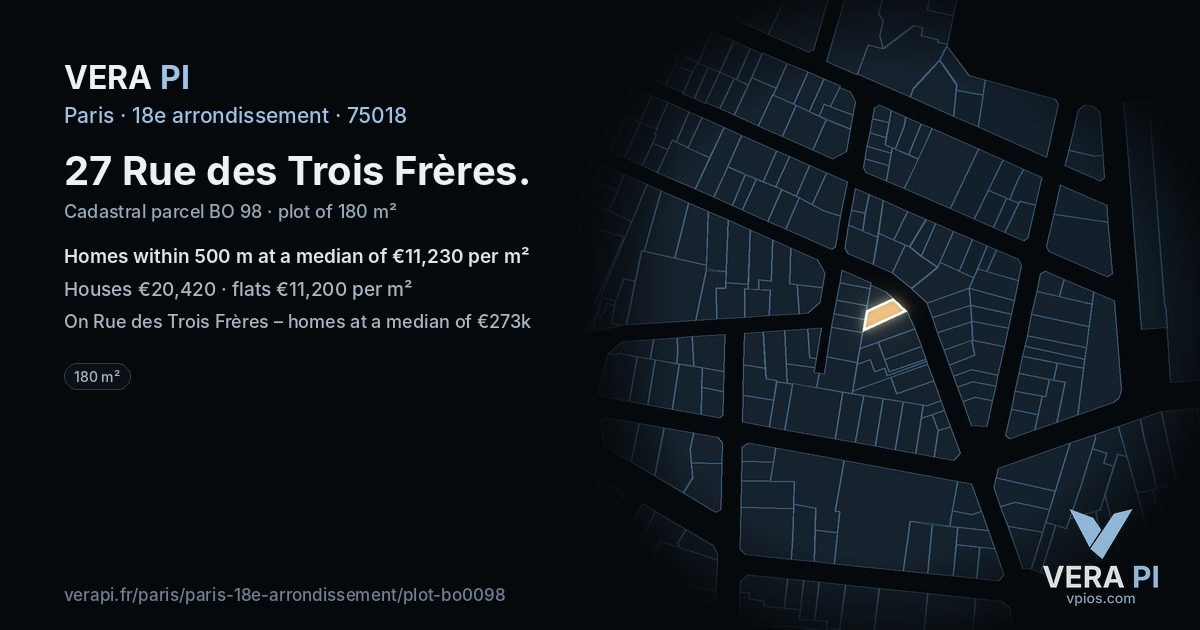 27 Rue des Trois Frères, 18e arrondissement at night – the plot lit, the parcels around coloured by the prices near them