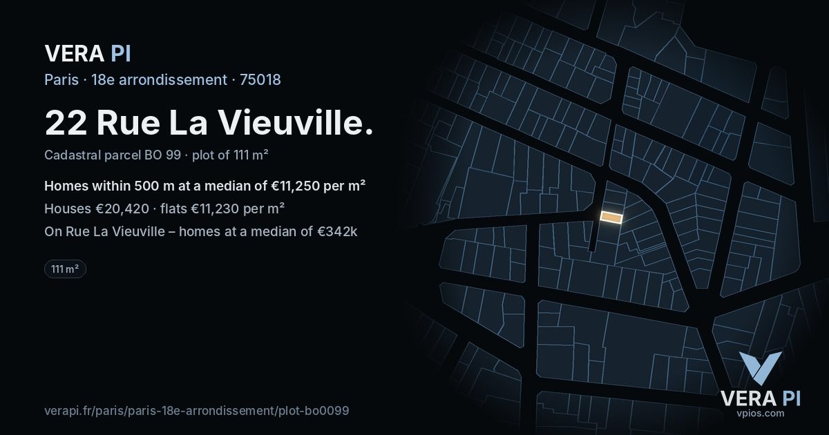 22 Rue La Vieuville, 18e arrondissement at night – the plot lit, the parcels around coloured by the prices near them