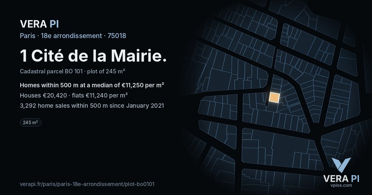 1 Cité de la Mairie, 18e arrondissement at night – the plot lit, the parcels around coloured by the prices near them
