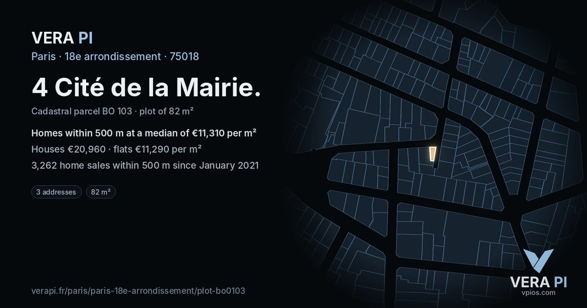 4 Cité de la Mairie, 18e arrondissement at night – the plot lit, the parcels around coloured by the prices near them