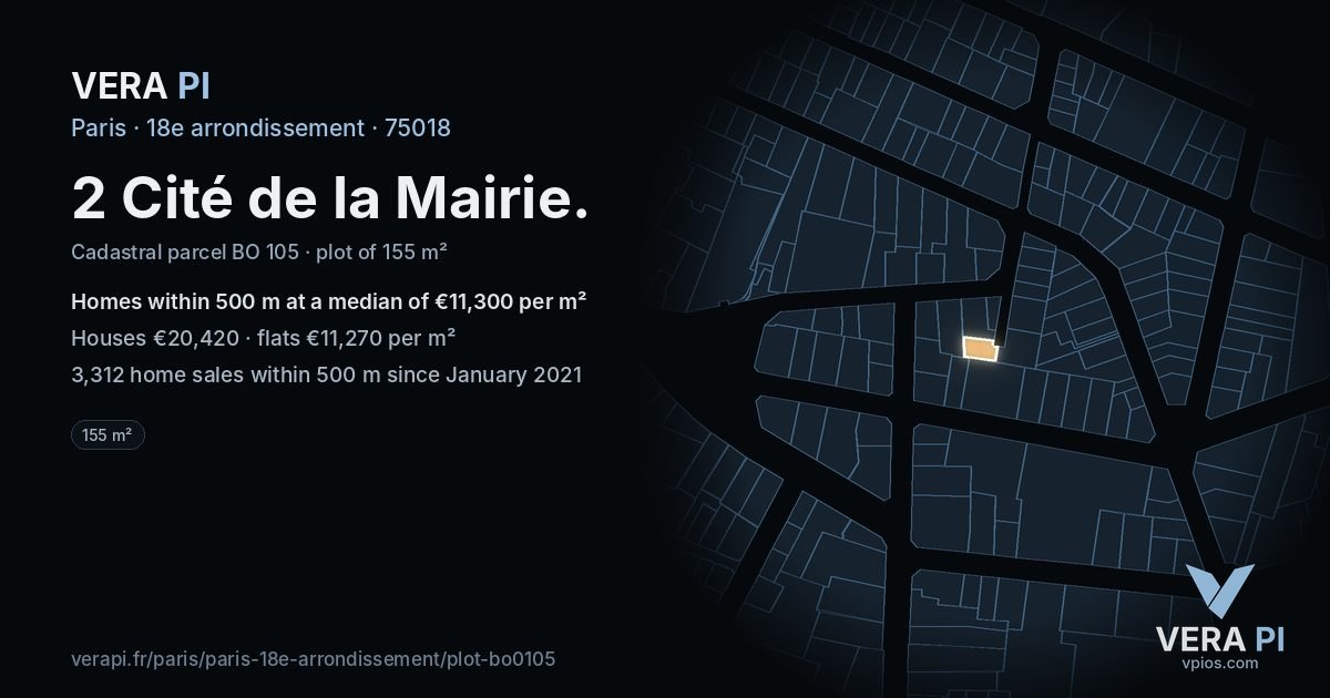 2 Cité de la Mairie, 18e arrondissement at night – the plot lit, the parcels around coloured by the prices near them