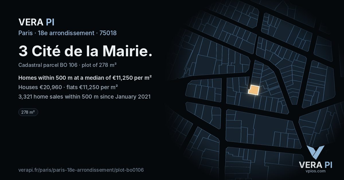 3 Cité de la Mairie, 18e arrondissement at night – the plot lit, the parcels around coloured by the prices near them