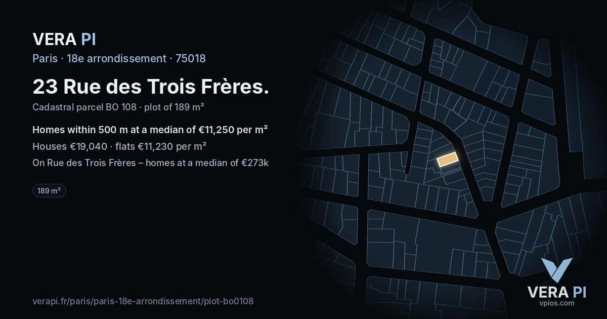 23 Rue des Trois Frères, 18e arrondissement at night – the plot lit, the parcels around coloured by the prices near them