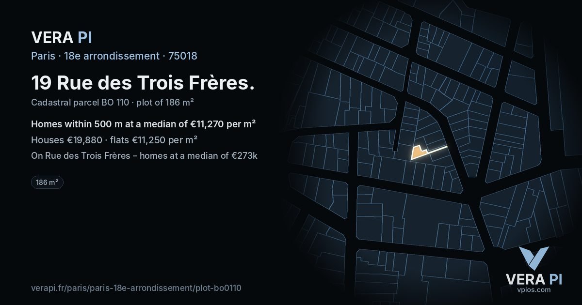 19 Rue des Trois Frères, 18e arrondissement at night – the plot lit, the parcels around coloured by the prices near them