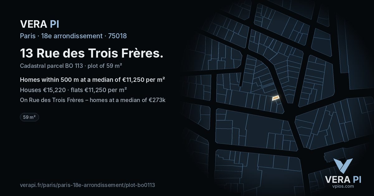 13 Rue des Trois Frères, 18e arrondissement at night – the plot lit, the parcels around coloured by the prices near them