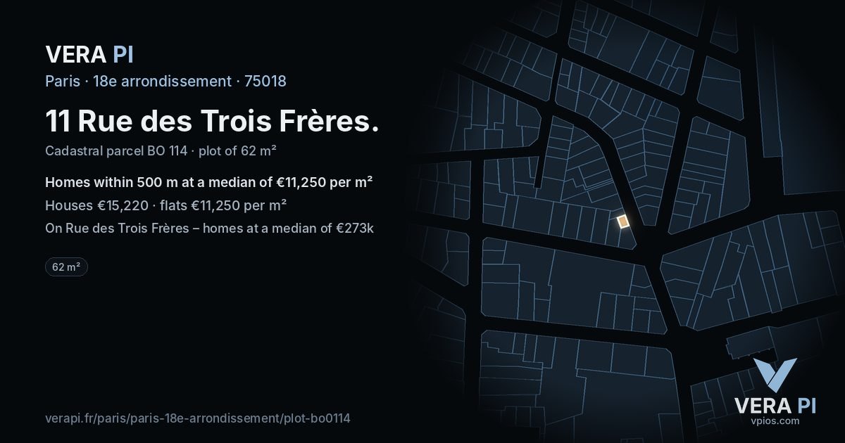 11 Rue des Trois Frères, 18e arrondissement at night – the plot lit, the parcels around coloured by the prices near them