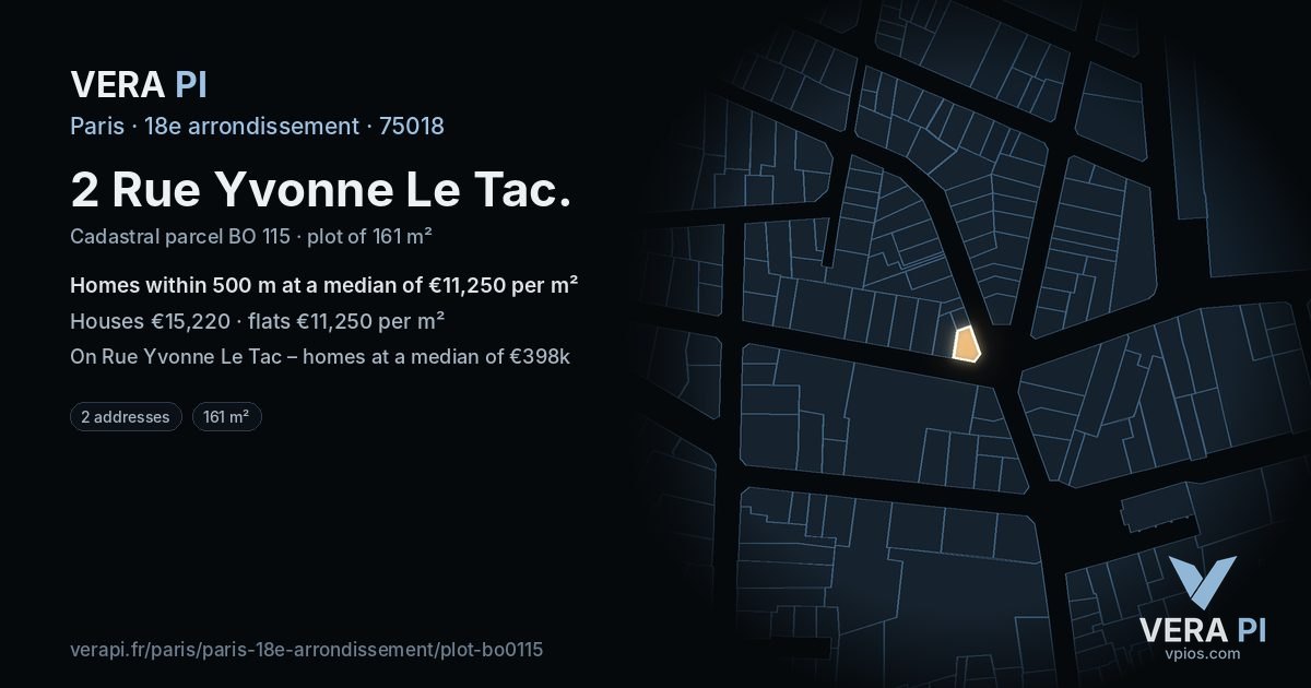 2 Rue Yvonne Le Tac, 18e arrondissement at night – the plot lit, the parcels around coloured by the prices near them