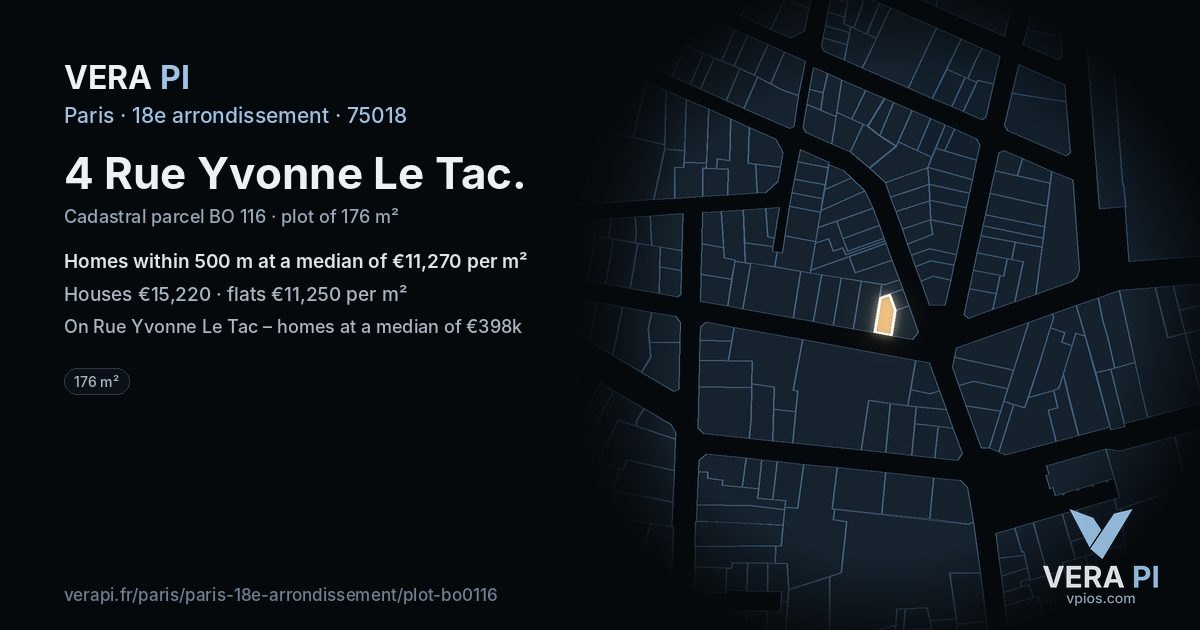 4 Rue Yvonne Le Tac, 18e arrondissement at night – the plot lit, the parcels around coloured by the prices near them