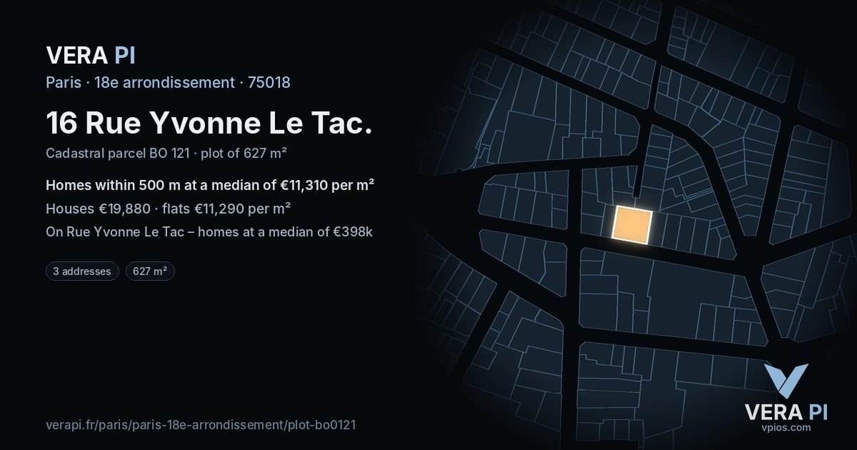 16 Rue Yvonne Le Tac, 18e arrondissement at night – the plot lit, the parcels around coloured by the prices near them