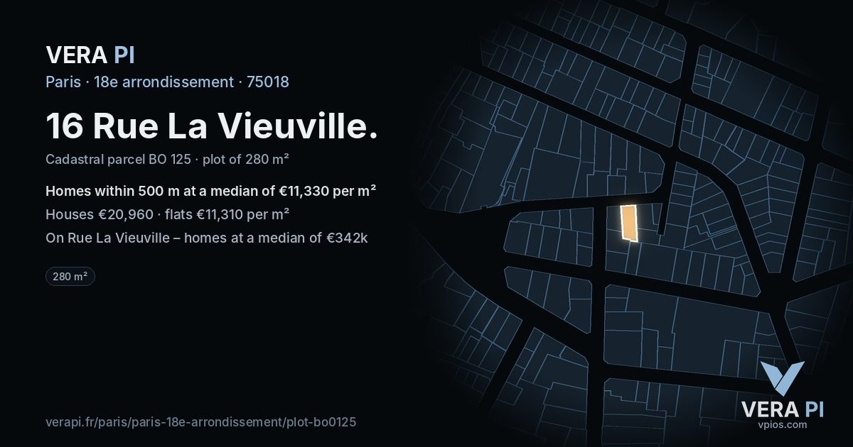 16 Rue La Vieuville, 18e arrondissement at night – the plot lit, the parcels around coloured by the prices near them