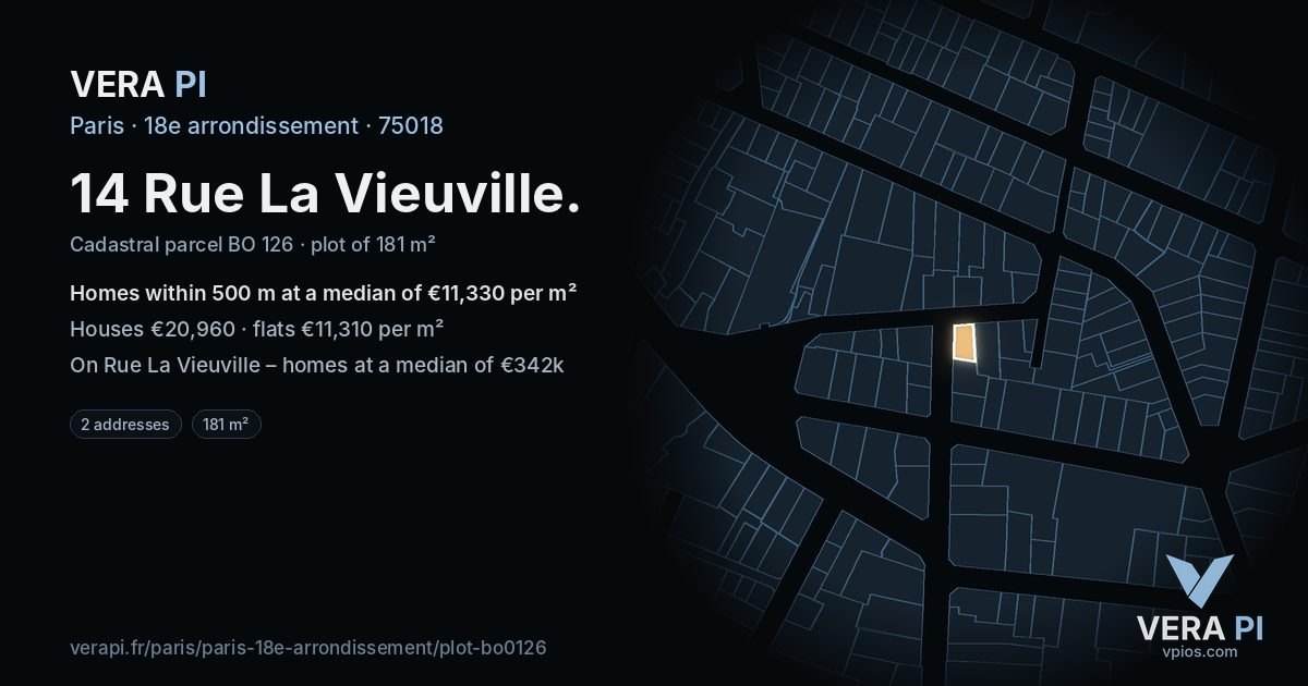 14 Rue La Vieuville, 18e arrondissement at night – the plot lit, the parcels around coloured by the prices near them